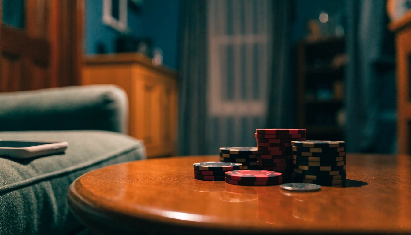 Casino chips and coin on a wooden table in a cozy New Zealand apartment at night