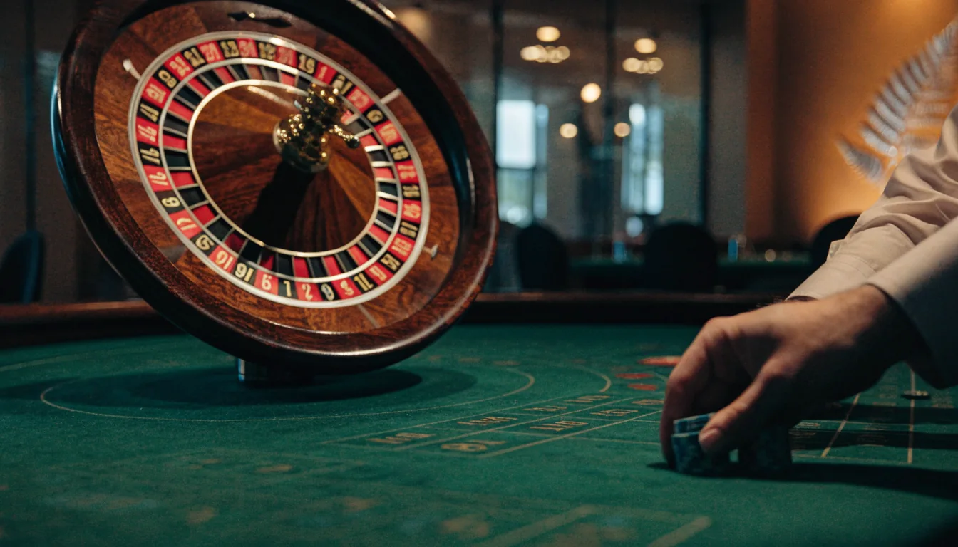 Live dealer roulette wheel spinning at a New Zealand casino table