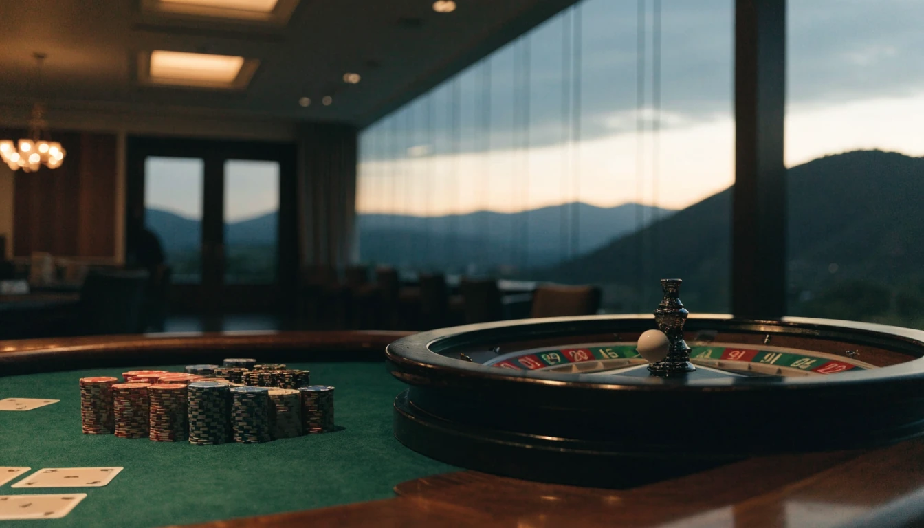 Casino table with chips, roulette wheel and cards in a New Zealand venue at dusk.