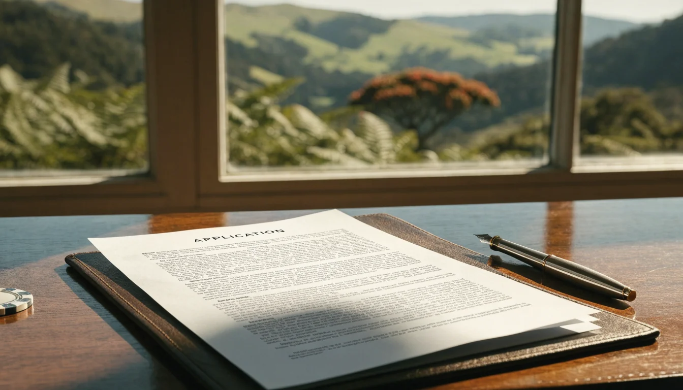 Legal document on wooden desk with fountain pen, poker chip, and New Zealand landscape through window