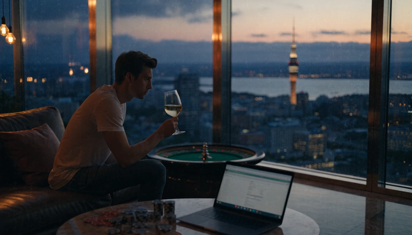 New Zealand player relaxing at home with laptop, roulette wheel, and Auckland cityscape at dusk.