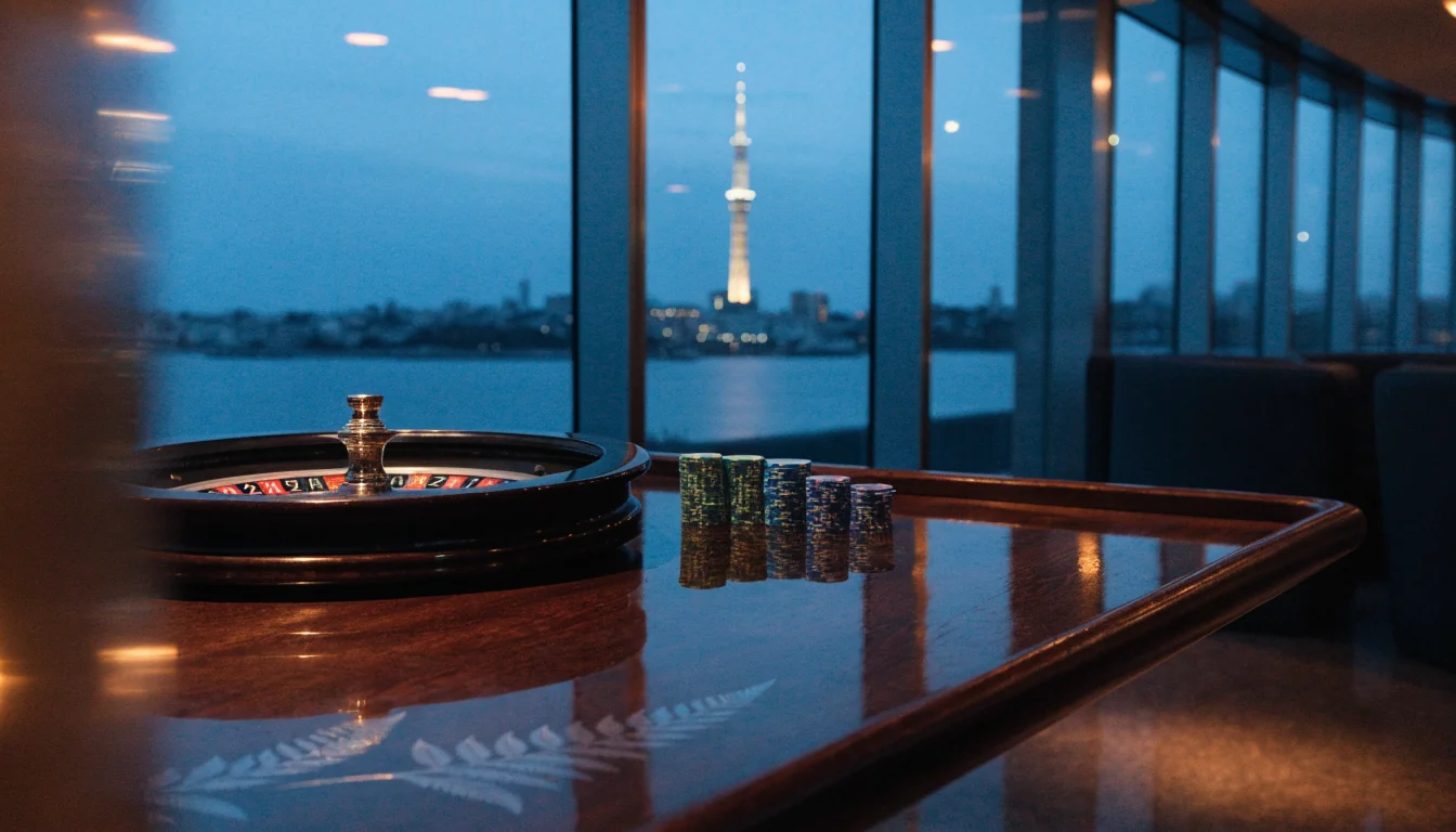 Stylish casino lounge with roulette table overlooking Auckland Sky Tower at twilight.