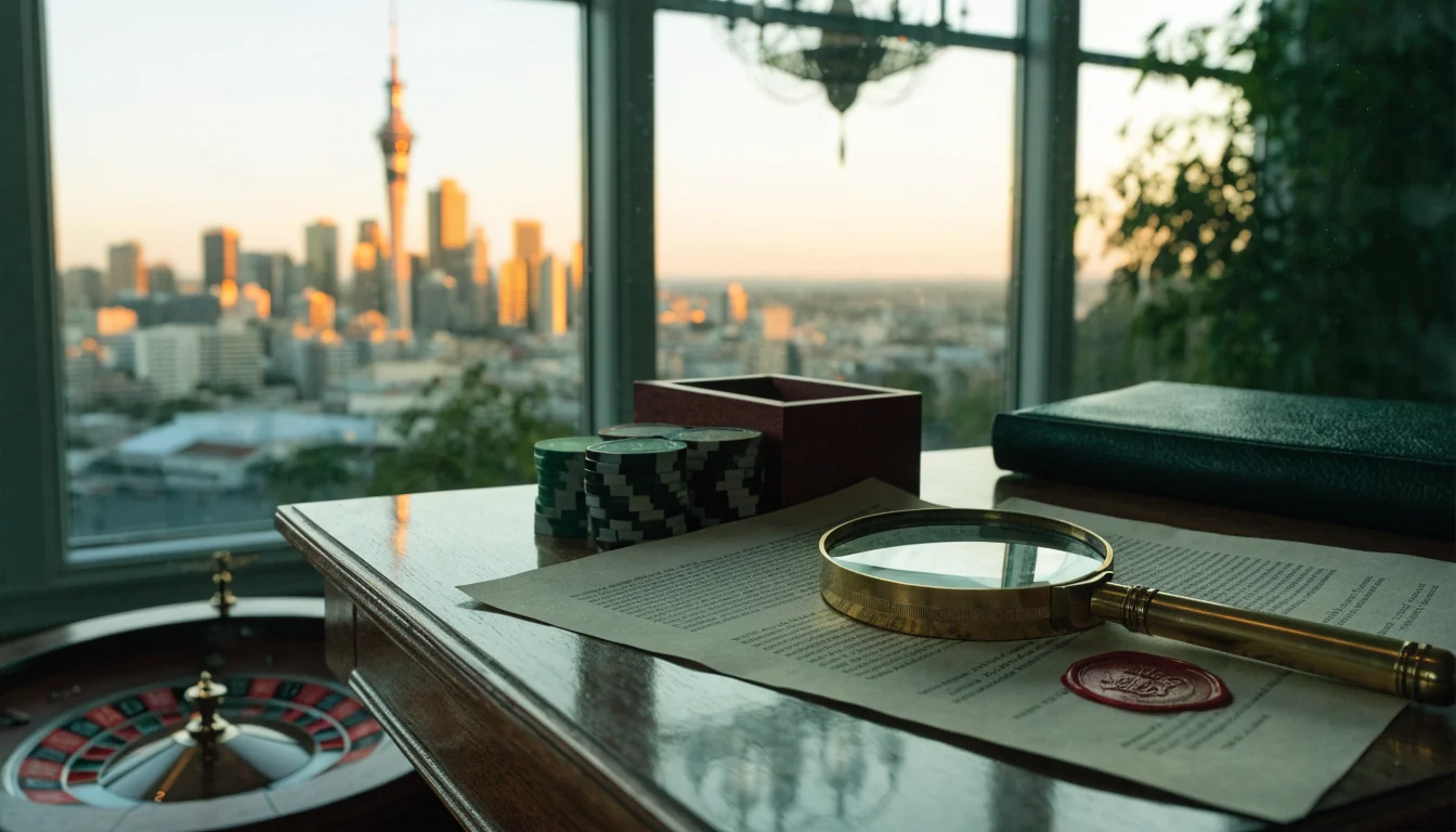 Official document with magnifying glass on desk, Auckland skyline and casino chips nearby