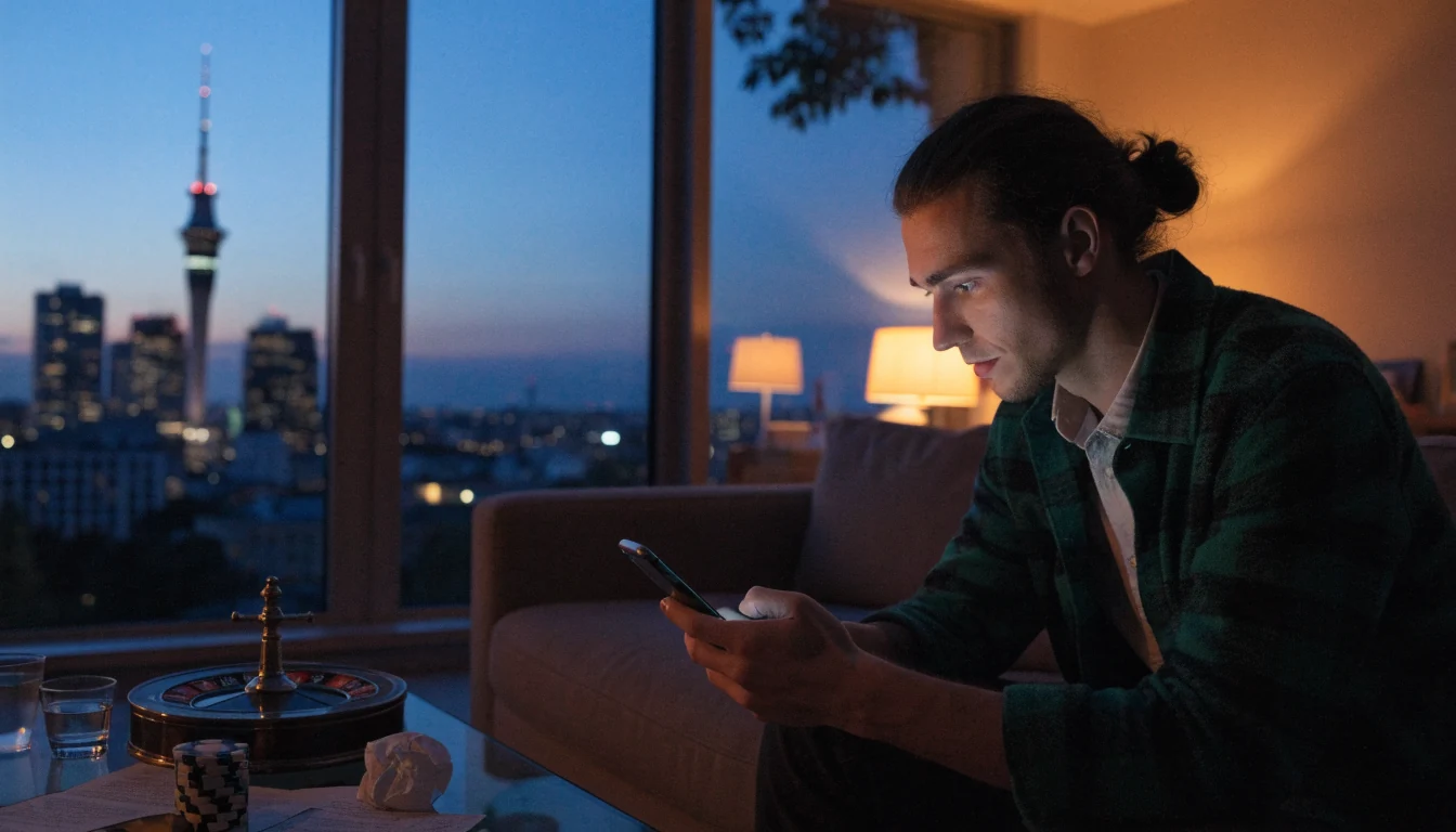 New Zealand man with smartphone, casino chips, roulette wheel, Auckland skyline at dusk